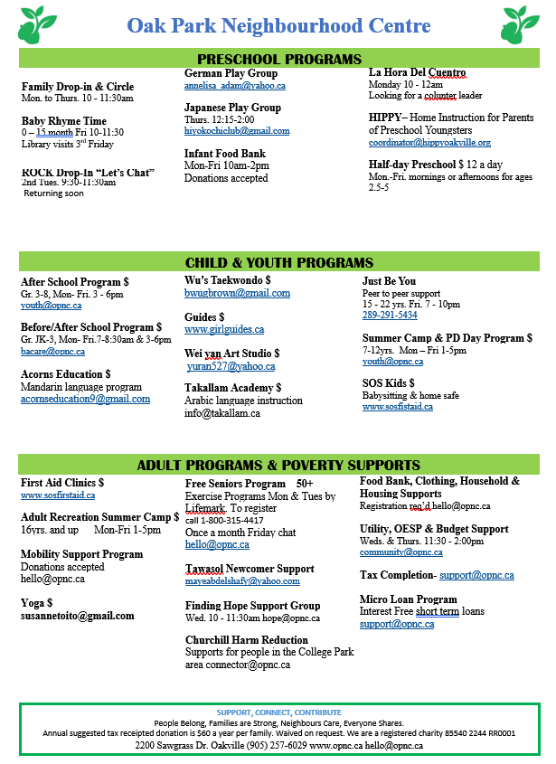 Oak Park Neighbourhood Centre » Programs